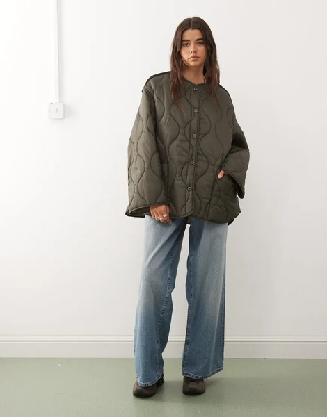  Weekday Quilted Jacket In Khaki Green 