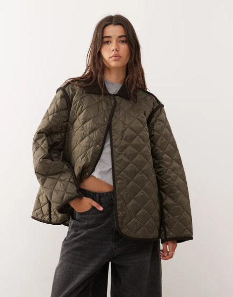  Weekday Quilted Jacket With Contrast Collar In Dark Brown 