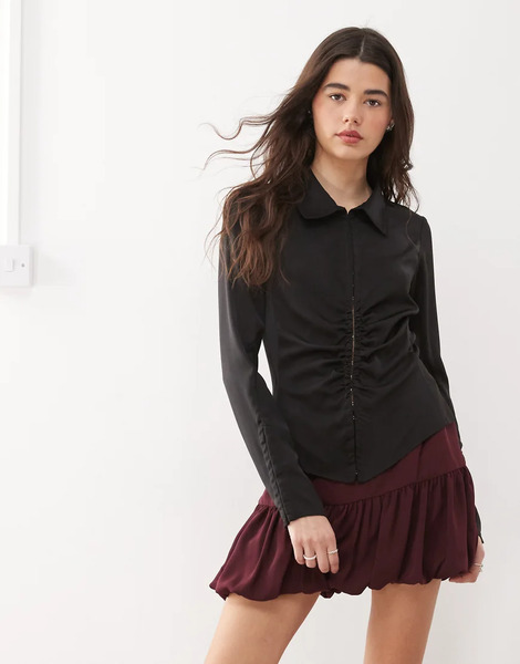  Weekday Ruched Satin Shirt In Black 