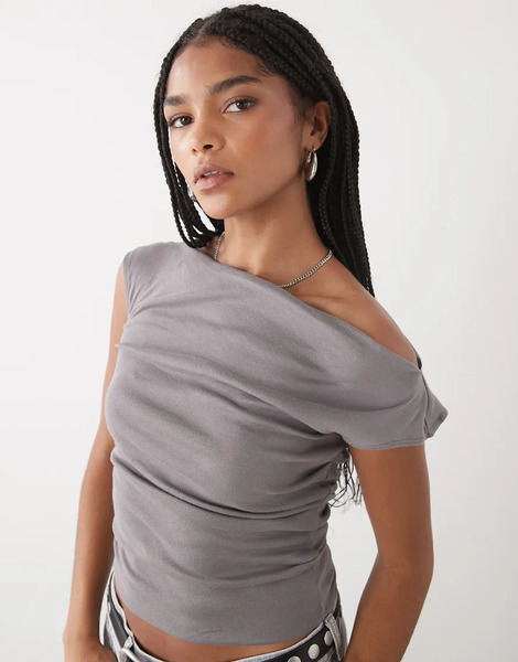  Weekday Semi Sheer Drape Neck Top In Mid Grey 