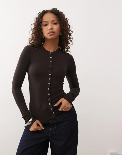  Weekday Slim Fit Button Front Long Sleeve Top In Dark Brown 