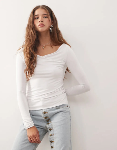  Weekday Slim Fit Long Sleeve Wrap Top In White 
