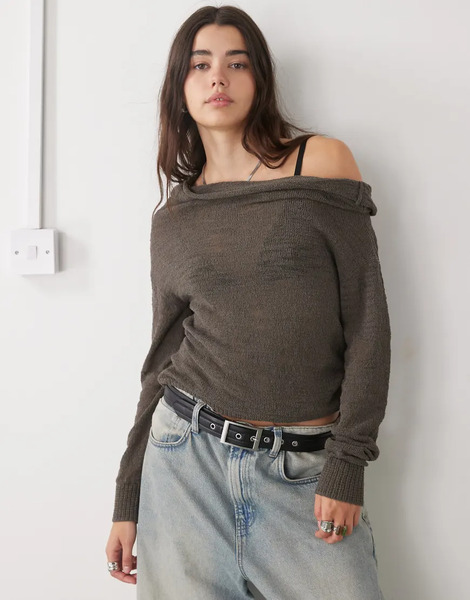  Weekday Slouchy Off Sholder Fine Knit Jumper In Dark Mole Neutral 