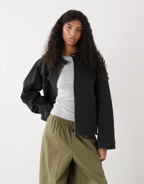  Weekday Washed Canvas Zip Through Jacket In Black 