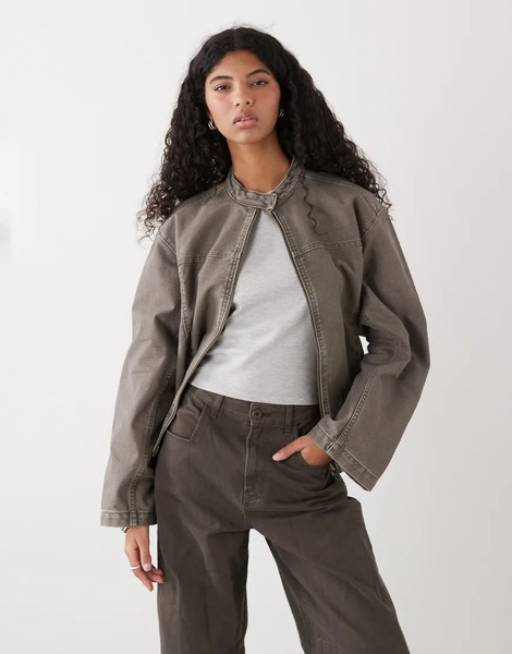  Weekday Washed Canvas Zip Through Jacket In Khaki Green 