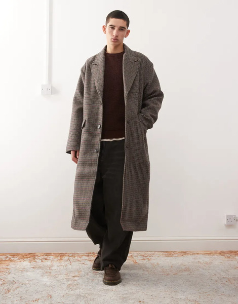  Weekday Wool Blend Coat In Black And Beige Check 