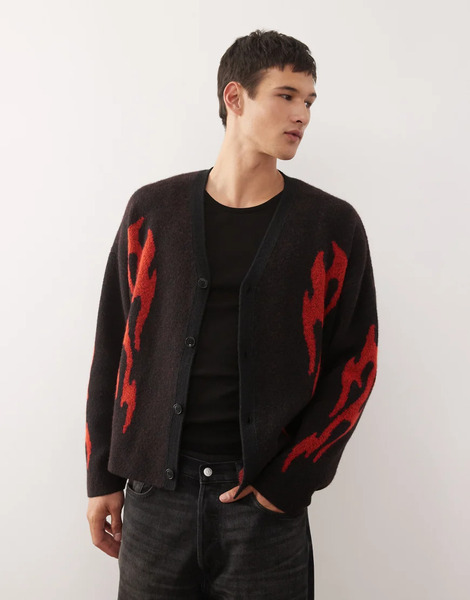  Weekday Wool Blend Oversized Cardigan With Flame Graphic In Black 
