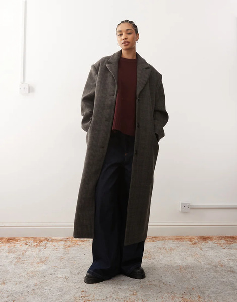  Weekday Wool Blend Oversized Coat With Exaggerated Shoulders In Dark Mole Check Brown 