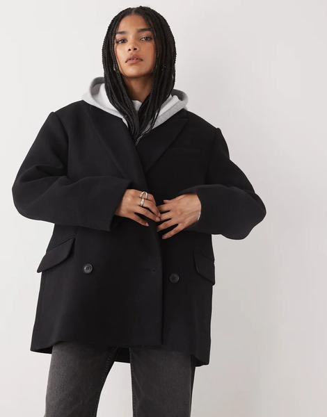  Weekday Wool Blend Oversized Double Breasted Blazer Jacket In Black 