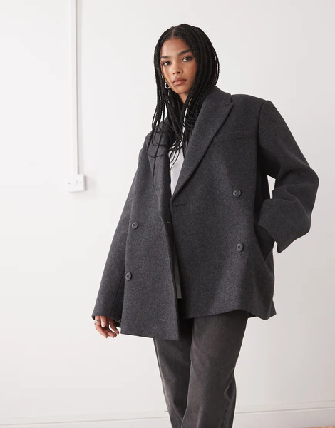  Weekday Wool Blend Oversized Double Breasted Blazer Jacket In Dark Grey Herringbone 