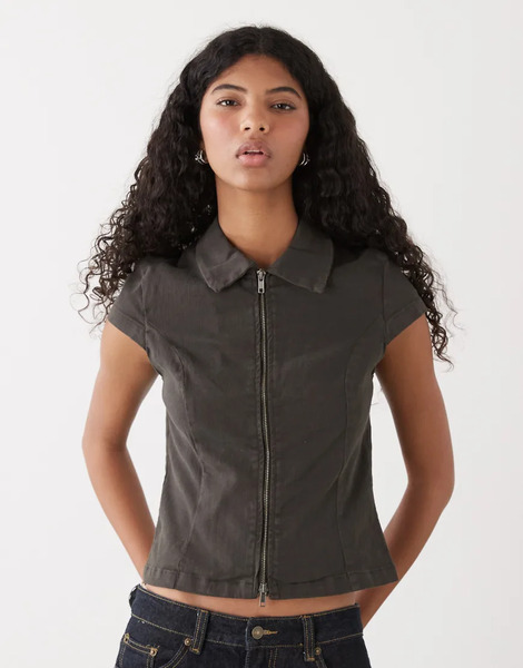 Weekday Zip Through Top With Cap Sleeves In Dark Grey 