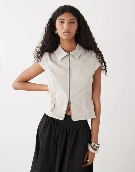  Weekday Zip Through Top With Cap Sleeves In Light Grey 