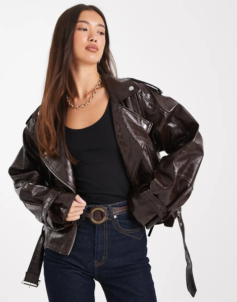  Weworewhat Cropped Croc Moto Jacket In Dark Brown 