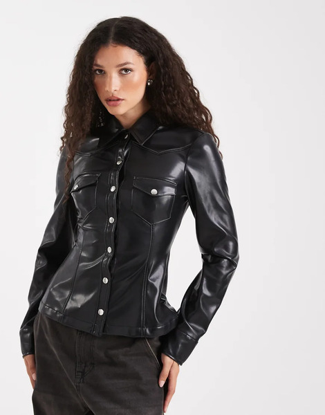  Weworewhat Faux Leather Western Shirt In Black 