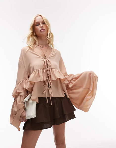  Weworewhat Ruffle Detail Tie Front Blouse In Almond Neutral 