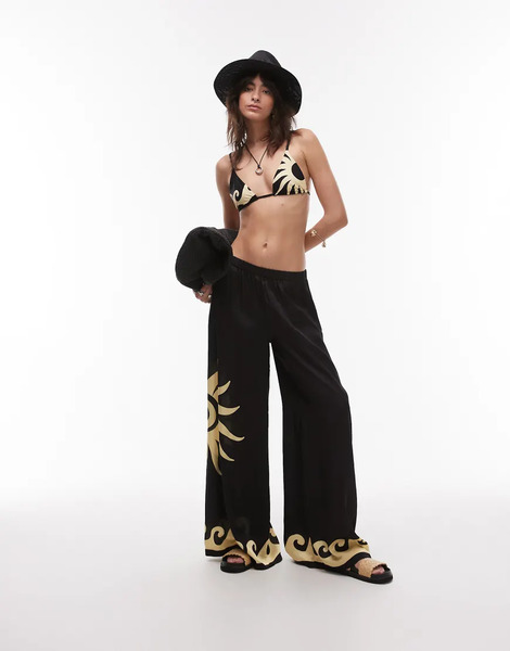  Weworewhat Sun Wave Placement Wide Leg Beach Pants In Black 