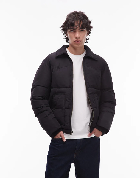  Wrangler Short Puffer Jacket With Collar In Black 