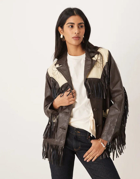  Wrangler X Lainey Wilson Faux Leather Fringe Jacket In Brown 