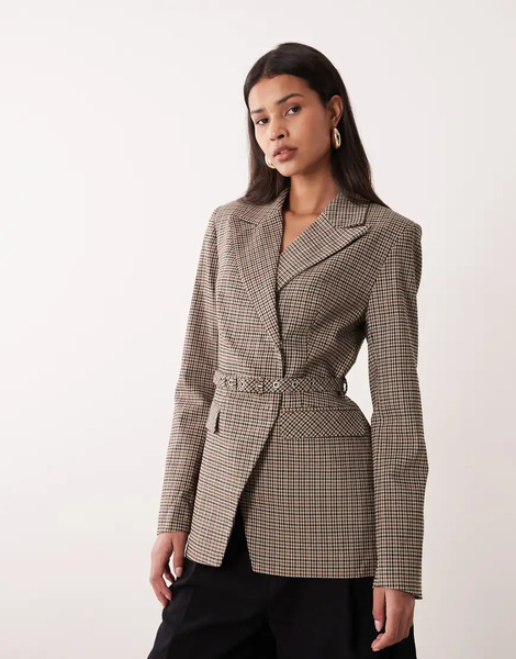  Yas Belted Tailored Blazer In Brown Check Black 