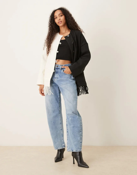  Yas Contrast Jacket With Fringed Hem In Black And Cream 
