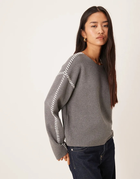  Yas Contrast Seam Knitted Jumper In Grey 