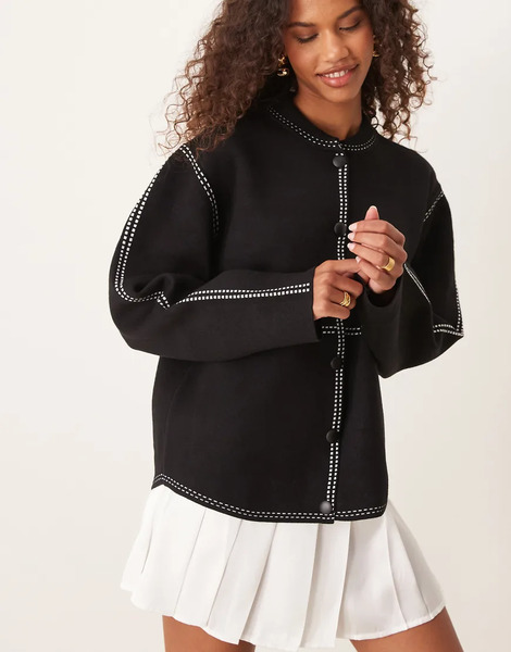  Yas Contrast Stitch Knitted Bomber Jacket In Black 
