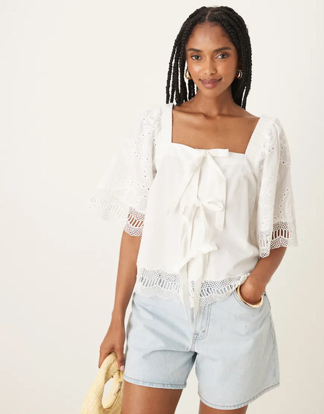  Yas Crochet Trim Tie Front Square Neck Blouse In White 