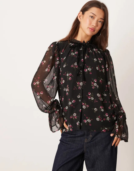  Yas Frill Trim Chiffon Boho Blouse In Black Floral Print 