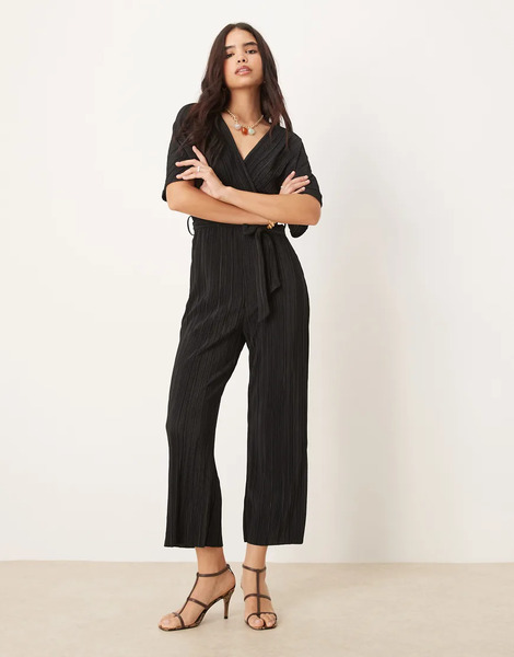  Yas Plisse Wrap Front Jumpsuit In Black 