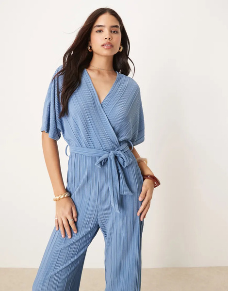  Yas Plisse Wrap Front Jumpsuit In Blue 