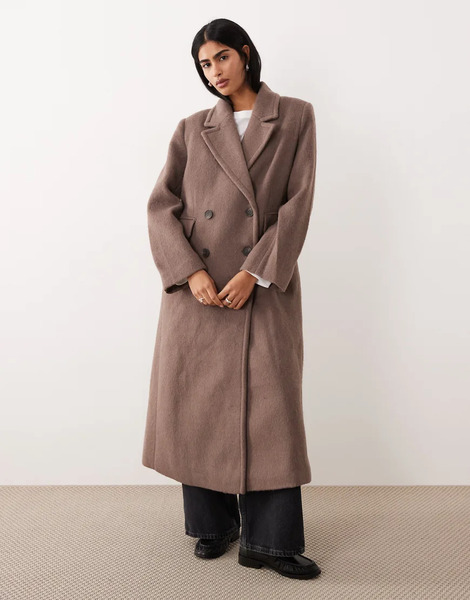  Yas Premium Textured Formal Maxi Coat In Brown 