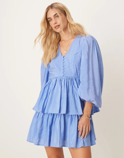  Yas Puff Sleeve Button Front Boho Mini Dress In Provence Blue 