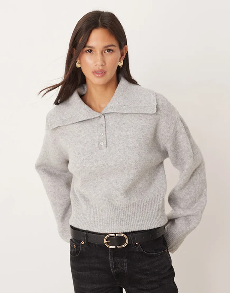  Yas Rib Knitted Polo In Medium Grey Melange 