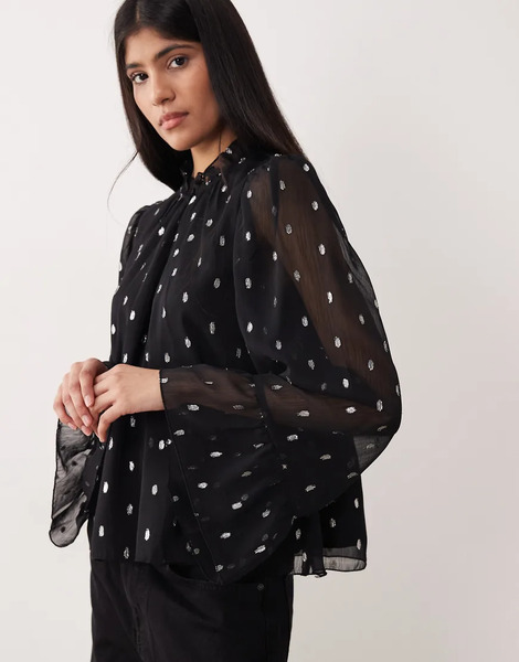  Yas Silver Foil Chiffon Top In Black 