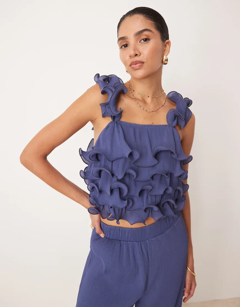  Yas Structured Frill Top Co Ord In Deep Blue 
