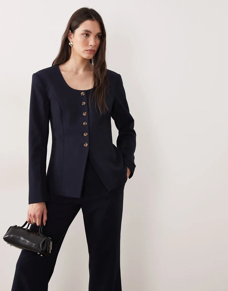  Yas Structured Tailored Square Neck Blazer Co Ord In Navy 