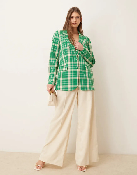  Yas Tailored Blazer In Bright Green Check 