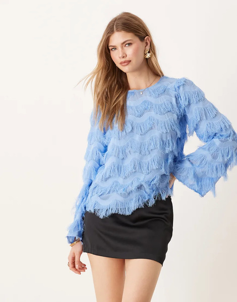  Yas Textured Flared Sleeve Blouse In Blue 