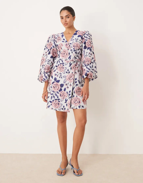  Yas Wrap Front Structured Mini Dress In Statement Floral Print Multi 