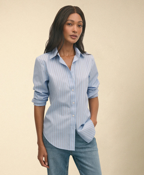  Brooks Brothers Classic Fit Striped Supima Cotton Shirt - Woman Shirts And Blouses Blue And Burgundy 12 
