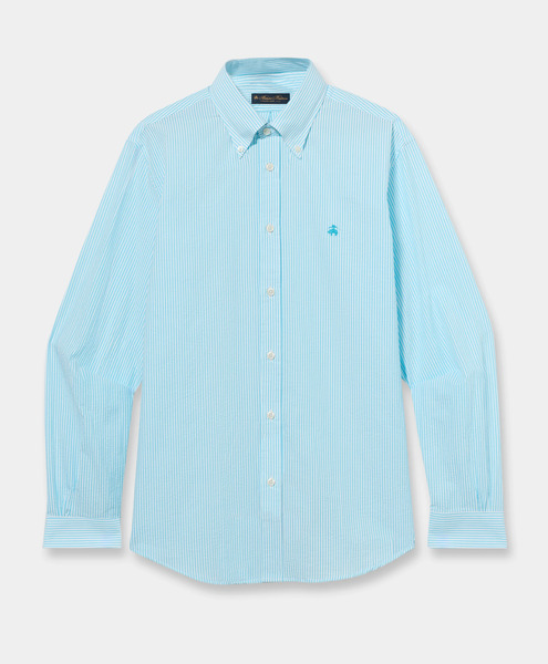  Brooks Brothers Regular Fit Seersucker Shirt With Button Down Collar - Man Casual Shirts Light Blue Xxl 
