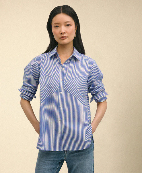  Brooks Brothers Relaxed Fit Striped Poplin Shirt With Forward Point Collar - Woman Shirts And Blouses Dark Blue L 