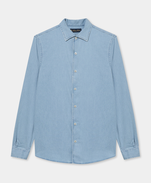  Brooks Brothers Slim Fit Denim Tencel Blend Shirt With Open Collar - Man Casual Shirts Bleached Blue Xxxl 