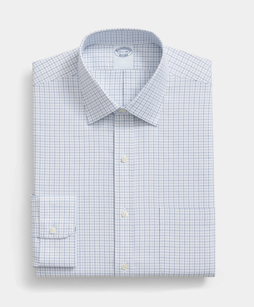  Brooks Brothers Slim Fit Non-iron Checked Stretch Twill Shirt With Ainsley Collar - Man Dress Shirts Blue 17h 
