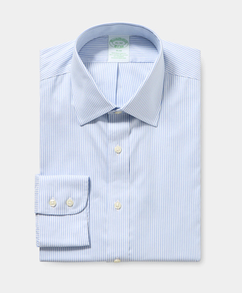  Brooks Brothers Supima Stretch Slim Fit Dress Shirt With Polo Button Down Collar - Man Dress Shirts Blue 17h 