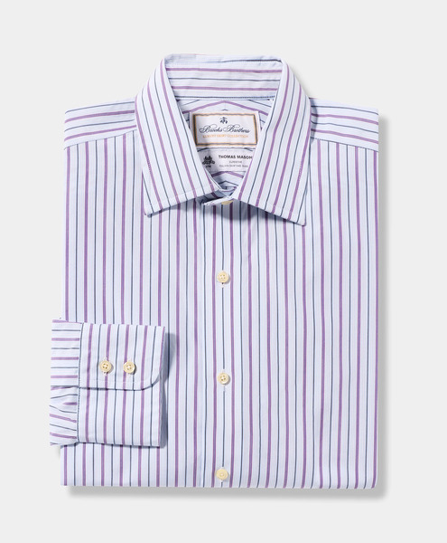  Brooks Brothers Thomas Mason Striped Regular Fit Cotton Shirt With Ainsley Collar - Man Dress Shirts Light Blue 17h 