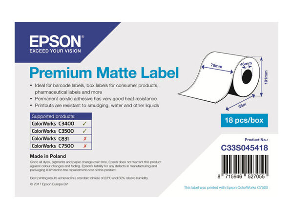 Epson Premium - Label Continuous Paper - Matte - 1 Roll(s) - Roll (7.6 Cm X 35 M) 