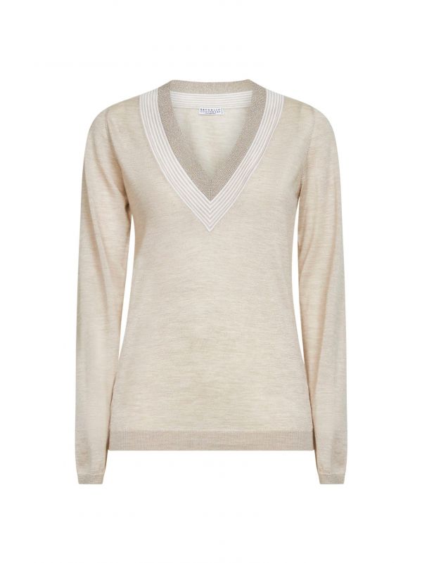  Brunello Cucinelli Brunello Cucinelli | Beige Lightweight Cashmere And Silk Knit Sweater With Sparkling Neckline | Women | M 