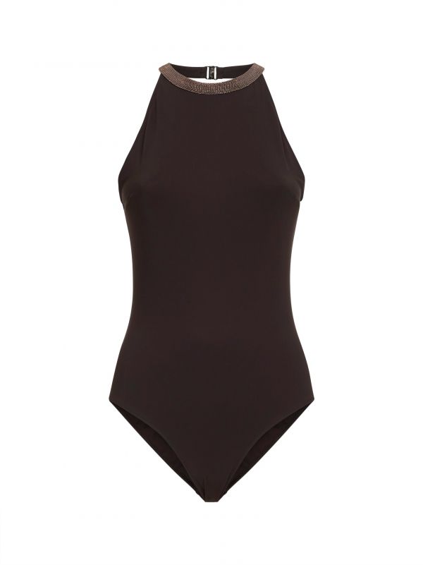  Brunello Cucinelli Brunello Cucinelli | Lignite Grey Techno Jersey One-piece Swimsuit With Precious Collar | Women | 40 