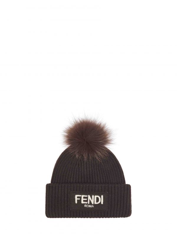  Fendi Silk Fendi Silk | Brown Wool Beanie With Pompom | Women | L 